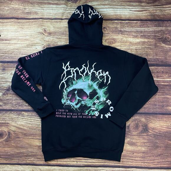 Broken Promises Black Skull Flames Hoodie Sz Medium - Picture 1 of 7
